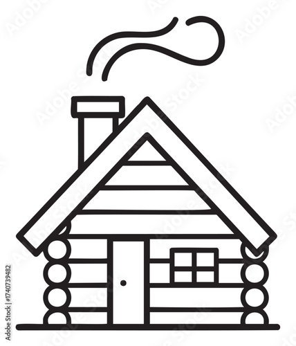 Simple black outline icon of a log cabin with a chimney emitting smoke, representing rustic architecture and cozy living.