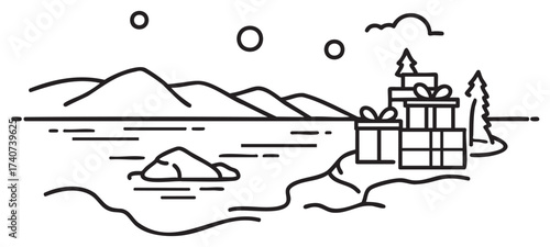 Black outline vector icon of a serene lakeside scene with mountains, trees, and a stack of wrapped gifts by the shore under a starlit sky.