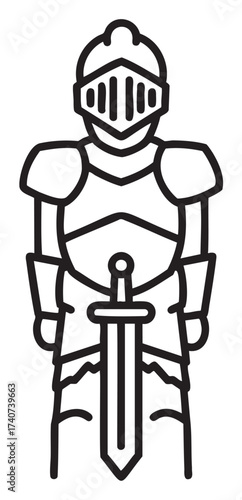 Black outline icon of a medieval knight in armor holding a sword vertically. simple linear illustration representing history, battle, and bravery.
