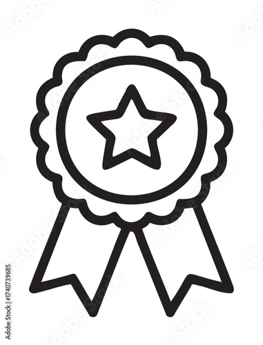 Black outline of an award ribbon with a central star design, symbolizing excellence, achievement, or a winning prize.