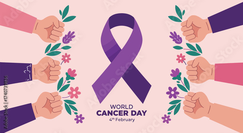 World Cancer Day Purple Ribbon with Supporting Hands and Floral Accents.