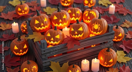 A wooden crate filled with glowing carved pumpkins surrounded by autumn leaves and candles for Halloween
