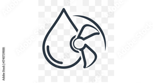 A simple logo-style icon combining a water droplet with a turbine propeller, symbolizing hydroelectric power, renewable energy, and sustainability.