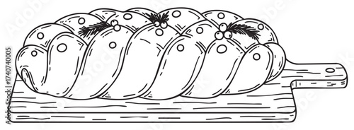 Black outline drawing of a braided bread loaf on a wooden cutting board, garnished with small berries and leaves.