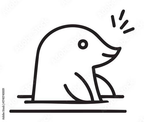 Simple black outline icon of a happy cartoon mole poking its head from a hole, with a cheerful expression and three lines indicating sound or movement.