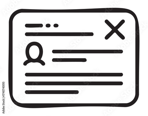 Black outline icon of a simple user profile interface with a silhouette of a person, textual lines, and a cross symbol in the top corner.