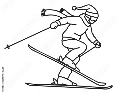 Black outline vector of a person skiing downhill, wearing a winter hat, scarf, and goggles, holding ski poles, showing movement and winter sports activity.