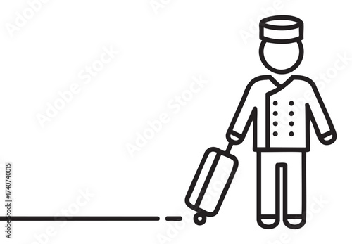 Simple black outline of a bellhop with a suitcase, wearing a uniform and a cap, representing travel and hospitality services.