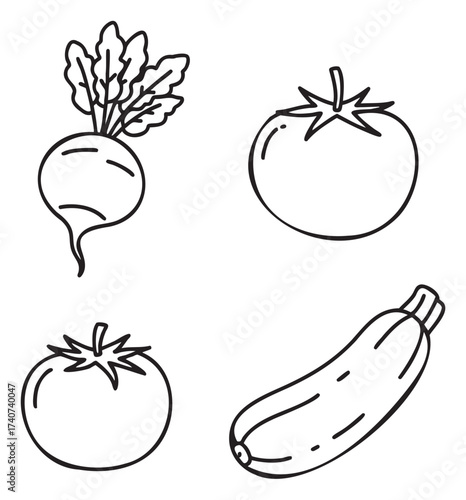 Black outline vector icons of simple vegetables, featuring beetroot, tomato, and zucchini, in a minimalist linear style.