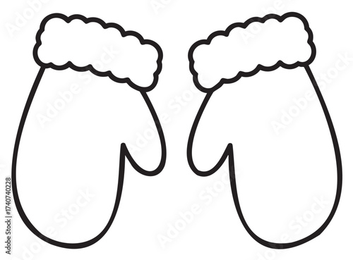 Black and white outline of a pair of simple winter mittens with fluffy cuffs, illustrating cold weather apparel.