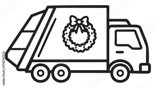 Black outline icon of a garbage truck featuring a decorative wreath on the side. simplistic linear design suitable for festive waste management concepts.