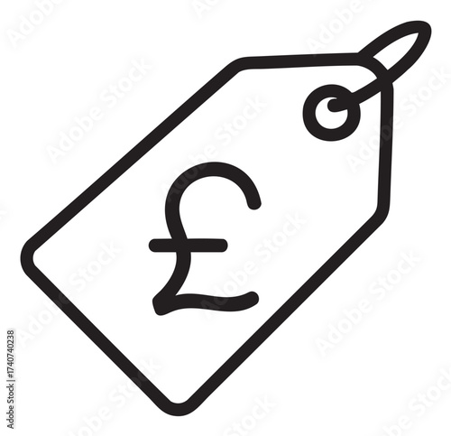 Black outline icon of a price tag with a pound sterling symbol, depicted in a minimal and bold linear style.