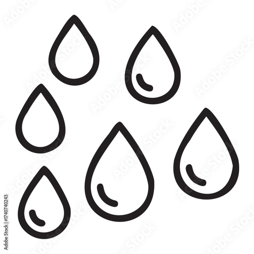 Black outline vector icon of simple raindrop shapes. minimal linear illustration depicting various sized water droplets.