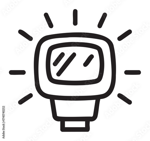 Black outline vector icon of a camera flash accessory with light rays indicating activation, suitable for photography equipment concepts.