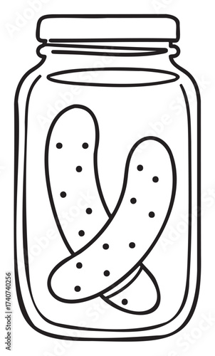Black outline drawing of a glass jar containing two pickles with dotted details, showcasing a simplistic design for kitchen or food themes.