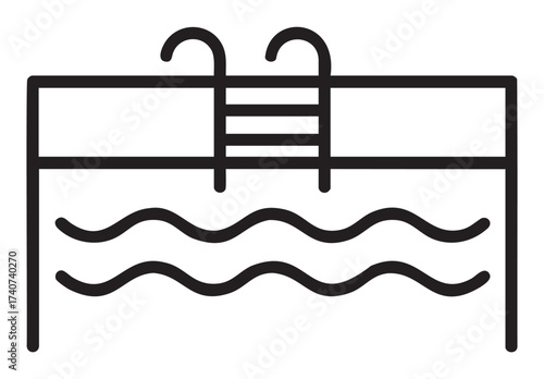 Black outline icon of a rectangular swimming pool with two parallel ladders and wavy water lines. perfect for swimming, summer, and aquatic activities concepts.