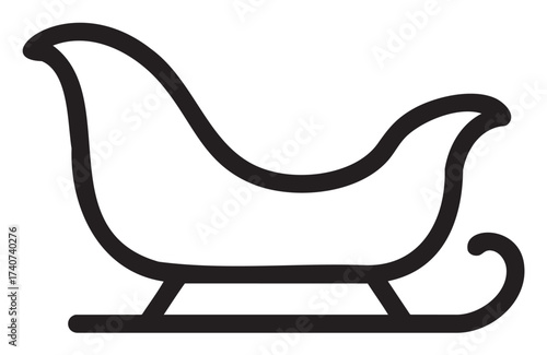 Simple black outline of a traditional sleigh with curved edges and runners, ideal for winter and holiday themes.