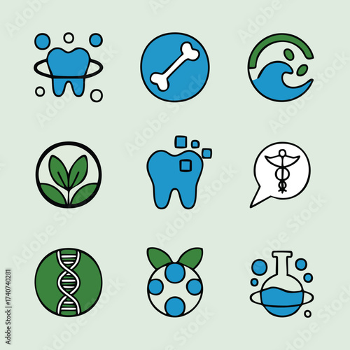 Collection of health and wellness icons, including teeth, bones, waves, and plants