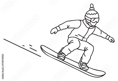 Outline drawing of a person snowboarding downhill, wearing a winter coat, hat, and goggles, highlighting dynamic movement and winter sports activity.