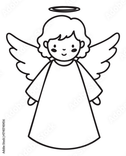 Black outline vector icon of a simple child angel with wings, a halo, and a robe. minimal linear illustration for religious and spiritual themes.