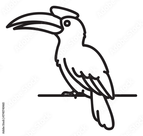 Black outline vector icon of a tropical toucan perched on a branch, showcasing its large beak and distinctive body shape.