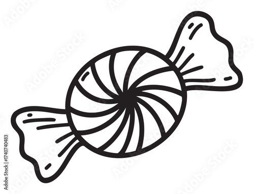 Black outline drawing of a wrapped candy with spiral design and twisted ends, suitable for sweet and confectionery themes.