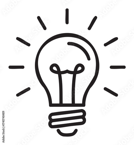 Black outline drawing of a classic incandescent light bulb with visible filament and rays indicating illumination.