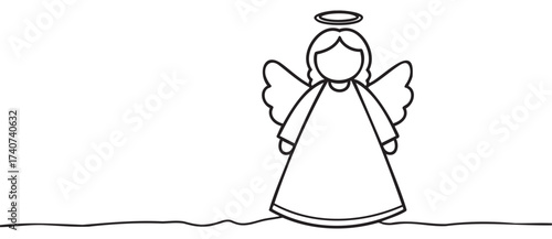 Black outline drawing of a simple angel with wings and a halo, depicted in a minimal and linear style.