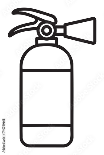 Black outline icon of a fire extinguisher with a nozzle and handle, symbolizing safety and emergency equipment for fire prevention.