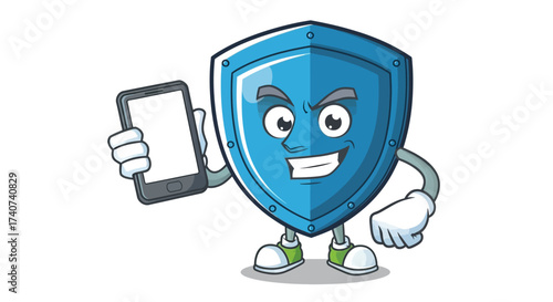 Cartoon security shield character is holding a smartphone with a happy expression and confidence