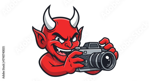 Illustration of a cartoon devil taking a photo with a camera against a white background