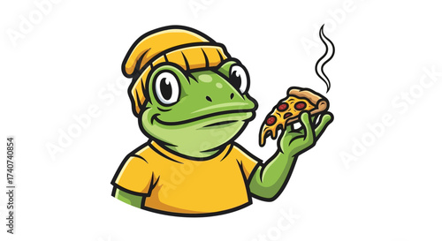 Cartoon frog wearing beanie enjoying a hot slice of pepperoni pizza illustration isolated on white