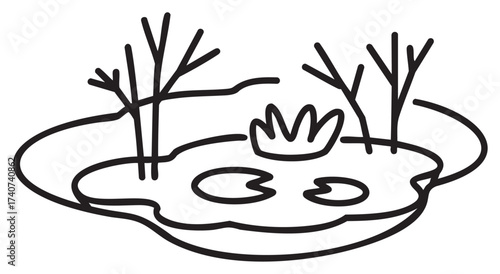 Black outline icon of a simple pond with lily pads, bare branches, and a crown-like plant in the center.
