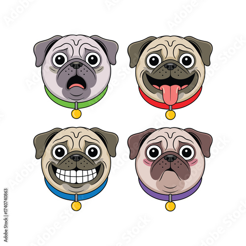Four pug dog faces with different cartoon expressions on white background puppy.