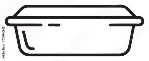 Black outline icon of a rectangular food storage container with a lid, illustrating simplicity and functionality in kitchenware design.