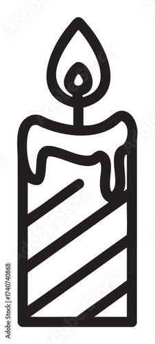 Black outline of a tall, striped candle with dripping wax and a flame on top.