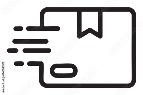 Black outline icon of a delivery package with motion lines and a ribbon, symbolizing fast shipping and efficient logistics.
