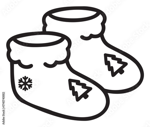 Black outline icon of cozy winter baby booties with tree and snowflake design, ideal for holiday and infant clothing themes.