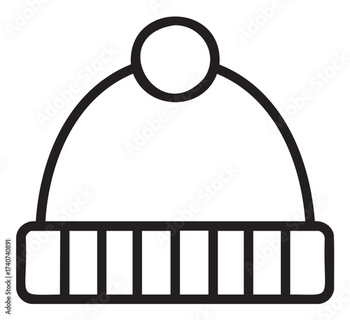 Black outline icon depicting a simple winter beanie with a pom-pom on top, commonly used for cold weather attire.
