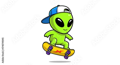 Whimsical alien character with cap rides skateboard against white background