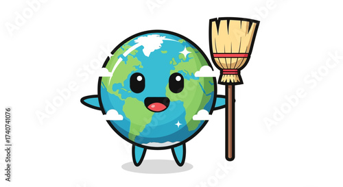 Earth cartoon character with a broom advocating for environmental cleanliness and sustainability