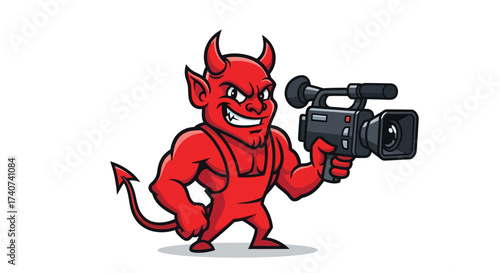 A cartoonish red devil character holding a professional video camera with a sly grin