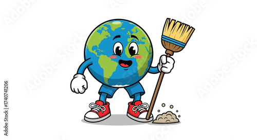 Cartoon Earth Character Cleaning Up Debris with a Broom, Promoting Environmental Awareness