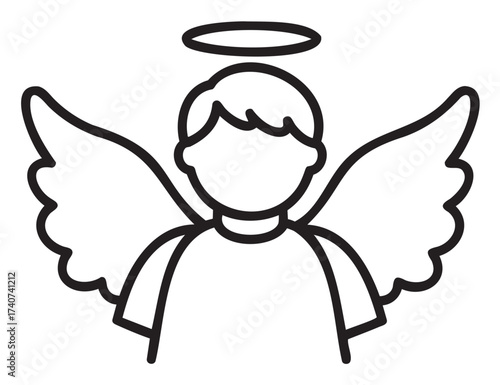 Black outline drawing of an angel with a halo and wings, depicting a simple and minimalistic style, suitable for religious and spiritual themes.