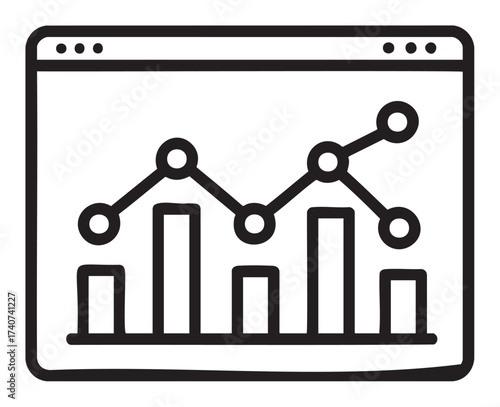 Black outline icon of a data analytics screen featuring bar and line graphs representing statistical trends and growth analysis.
