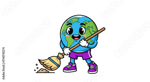 Cheerful Earth Character Sweeping with Broom: A Cartoon Illustration for Environmental Awareness