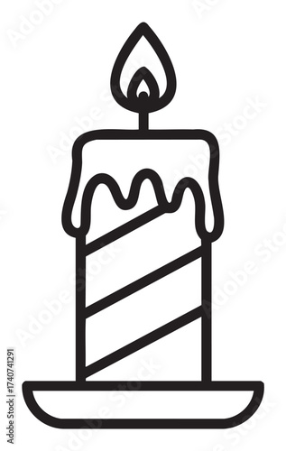 Black outline of a single striped candle with melting wax on a plate, topped with a simple flame illustration.