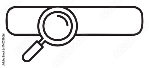 Black outline icon of a magnifying glass positioned over a search bar, symbolizing exploration and discovery in digital spaces.