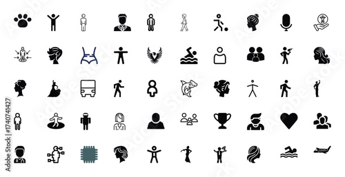Diverse Collection of Black and White Icons Representing People, Animals, and Objects