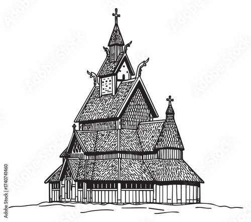 Detailed black and white line drawing of a traditional scandinavian stave church with steep roofs and intricate woodwork detailing.
